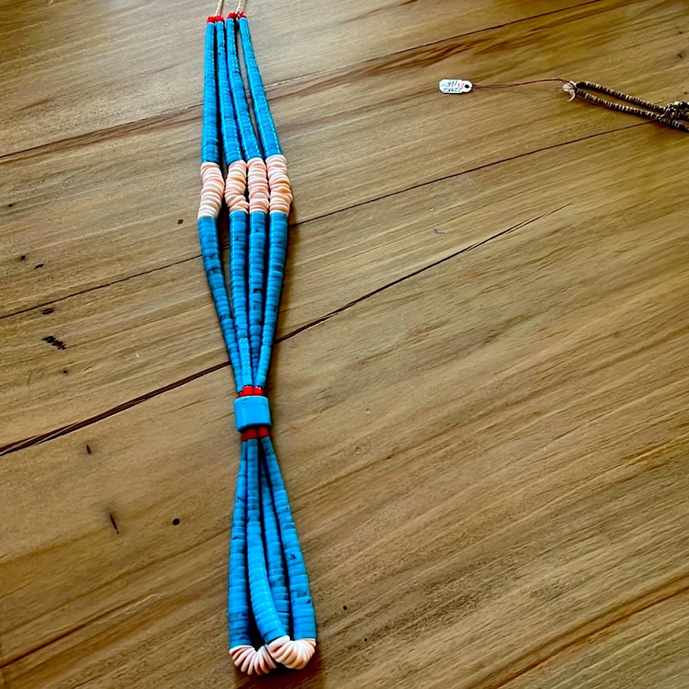 Double strand block faux turquoise and red coral double strand necklace !